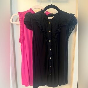 LOT of 2 LOFT Sleeveless and Cap Sleeve Ruffle Blouses Pink Black Size Medium